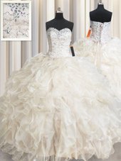 Sleeveless Floor Length Beading and Lace and Ruffles Lace Up Ball Gown Prom Dress with Champagne