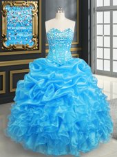 Vintage Pick Ups Sweetheart Sleeveless Lace Up Quinceanera Gowns Baby Blue Organza