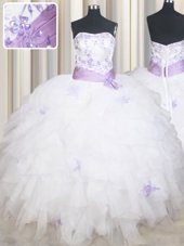 White Tulle Lace Up Sweet 16 Quinceanera Dress Sleeveless Floor Length Beading and Ruffles and Belt