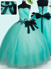 Sexy Tulle Sleeveless Floor Length Sweet 16 Dresses and Beading and Bowknot