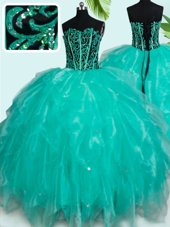 Decent Turquoise Ball Gowns Organza Sweetheart Sleeveless Beading and Ruffles Floor Length Lace Up Sweet 16 Quinceanera Dress
