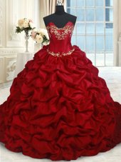 Perfect Wine Red Lace Up Sweetheart Beading and Pick Ups Quinceanera Gowns Taffeta Sleeveless