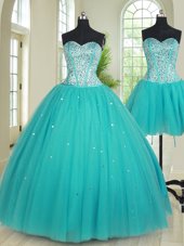 Three Piece Sleeveless Tulle Floor Length Lace Up Sweet 16 Dress in Aqua Blue for with Beading