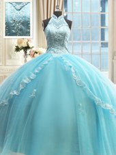 Halter Top Aqua Blue Tulle Lace Up Sweet 16 Quinceanera Dress Sleeveless Floor Length Beading and Lace and Appliques