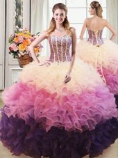 Hot Sale Four Piece Sleeveless Floor Length Beading and Ruffles and Pick Ups Lace Up 15th Birthday Dress with Apple Green