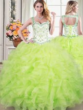 Ball Gowns Sweet 16 Quinceanera Dress Yellow Green Straps Organza Sleeveless Floor Length Lace Up