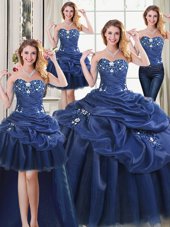 Classical Four Piece Navy Blue Lace Up Quinceanera Gown Appliques Sleeveless Floor Length