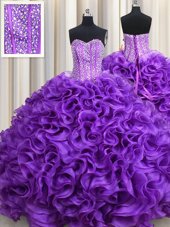 Glittering Royal Blue Sleeveless Court Train Beading and Embroidery With Train Quinceanera Gowns