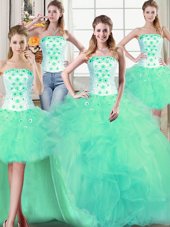 Four Piece Turquoise Lace Up Strapless Beading and Appliques and Ruffles Quince Ball Gowns Tulle Sleeveless