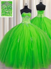 Floor Length Lace Up Sweet 16 Quinceanera Dress Apple Green and In for Military Ball and Sweet 16 and Quinceanera with Beading