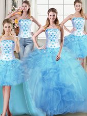 Eye-catching Four Piece Light Blue Ball Gowns Strapless Sleeveless Tulle Floor Length Lace Up Beading and Appliques and Ruffles 15th Birthday Dress