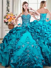 Superior Sleeveless Floor Length Beading and Embroidery and Pick Ups Lace Up 15 Quinceanera Dress with Teal