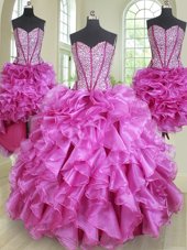Spectacular Four Piece Sleeveless Organza Floor Length Lace Up Quinceanera Gown in Fuchsia for with Beading and Ruffles