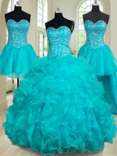 Vintage Four Piece Teal Sleeveless Floor Length Beading and Ruffles Lace Up Quinceanera Gowns
