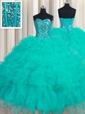 Chic Four Piece Straps Straps Beading and Ruffles 15th Birthday Dress Baby Blue Lace Up Sleeveless Floor Length