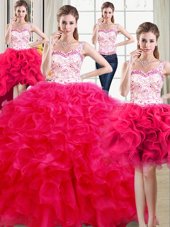 Vintage Four Piece Straps Straps Hot Pink Organza Lace Up Quinceanera Dresses Sleeveless Floor Length Beading and Ruffles