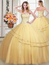 Gold Tulle Lace Up Sweetheart Sleeveless Floor Length Vestidos de Quinceanera Beading and Sequins