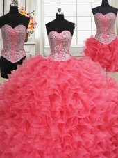Three Piece Floor Length Coral Red Sweet 16 Dress Organza Sleeveless Beading and Ruffles