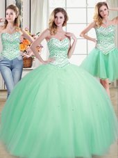 Three Piece Apple Green Ball Gowns Sweetheart Sleeveless Tulle Floor Length Lace Up Beading Quince Ball Gowns