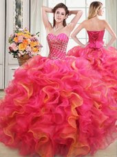Shining Organza Sleeveless Floor Length 15th Birthday Dress and Beading and Ruffles