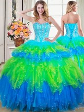 Flare Sleeveless Floor Length Beading and Ruffled Layers Lace Up Quince Ball Gowns with Multi-color