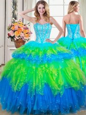 Four Piece Light Blue Ball Gowns Sweetheart Sleeveless Tulle Floor Length Lace Up Beading Vestidos de Quinceanera