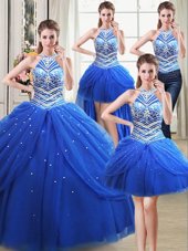 Four Piece Royal Blue Ball Gowns Halter Top Sleeveless Tulle Floor Length Lace Up Beading and Pick Ups 15 Quinceanera Dress