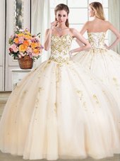 Comfortable Tulle Sweetheart Sleeveless Lace Up Beading Sweet 16 Quinceanera Dress in Champagne
