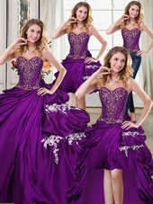 Four Piece Sleeveless Taffeta Floor Length Lace Up Ball Gown Prom Dress in Purple for with Beading and Appliques and Pick Ups