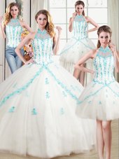 Fancy Four Piece Halter Top White Sleeveless Floor Length Beading and Appliques Lace Up Ball Gown Prom Dress