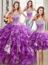 Three Piece Sleeveless Lace Up Floor Length Beading and Ruffles and Sequins Quinceanera Dress