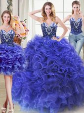 Ideal Three Piece Sweetheart Sleeveless Lace Up Sweet 16 Dresses Royal Blue Organza