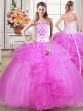 Modern Floor Length Lace Up Sweet 16 Dress White and Red and In for Military Ball and Sweet 16 and Quinceanera with Embroidery and Ruffled Layers