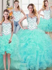 Nice Four Piece Straps Straps Beading and Lace and Ruffles Sweet 16 Dresses Aqua Blue Lace Up Sleeveless Floor Length
