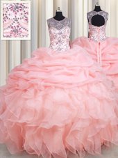 Baby Pink Scoop Lace Up Beading and Ruffles and Pick Ups Quinceanera Gown Sleeveless