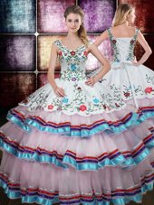 Traditional Straps Sleeveless Quinceanera Gowns Floor Length Beading and Embroidery Multi-color Taffeta