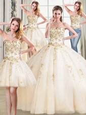 Four Piece Champagne Sweetheart Neckline Beading 15th Birthday Dress Sleeveless Lace Up