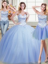 Fitting Three Piece Sweetheart Sleeveless Tulle Quinceanera Dress Beading Lace Up
