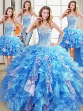 Noble Four Piece Baby Blue Ball Gowns Beading and Ruffles and Sequins Quinceanera Dress Lace Up Organza Sleeveless Floor Length