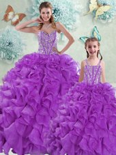 Best Selling Eggplant Purple Ball Gowns Organza Sweetheart Sleeveless Beading and Ruffles With Train Lace Up 15th Birthday Dress Brush Train
