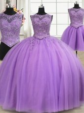 Four Piece Floor Length Lace Up 15 Quinceanera Dress Purple and In for Military Ball and Sweet 16 and Quinceanera with Beading