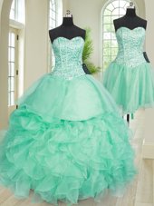 Affordable Three Piece Turquoise Ball Gowns Sweetheart Sleeveless Organza Floor Length Lace Up Beading and Ruffles Quince Ball Gowns
