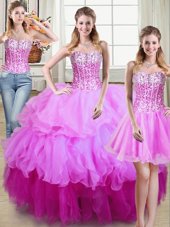 Three Piece Sleeveless Organza Floor Length Lace Up 15th Birthday Dress in Multi-color for with Ruffles and Sequins