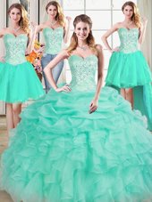 Romantic Four Piece Apple Green Lace Up Sweet 16 Quinceanera Dress Beading and Ruffles and Pick Ups Sleeveless Floor Length