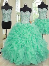 Three Piece Turquoise Organza Lace Up Sweetheart Sleeveless Floor Length Sweet 16 Quinceanera Dress Beading and Ruffles