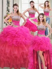 Modest Four Piece Sequins Ruffled Floor Length Multi-color 15th Birthday Dress Strapless Sleeveless Lace Up