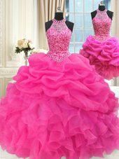 Three Piece Halter Top Hot Pink Sleeveless Floor Length Beading and Ruffles and Pick Ups Lace Up Vestidos de Quinceanera