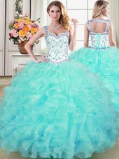 Smart Organza Straps Sleeveless Lace Up Beading and Lace and Ruffles Vestidos de Quinceanera in Aqua Blue