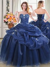 Custom Design Pick Ups Ball Gowns Ball Gown Prom Dress Navy Blue Sweetheart Organza Sleeveless Floor Length Lace Up