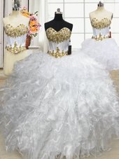 Three Piece White Ball Gowns Organza Sweetheart Sleeveless Beading and Ruffled Layers Floor Length Lace Up Quince Ball Gowns